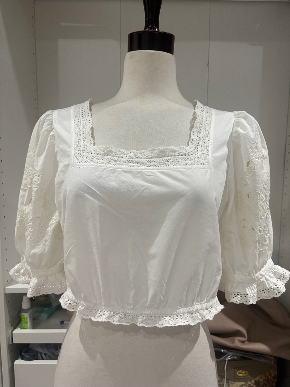 White Lace-Trim Square Neck Puff Sleeve Blouse